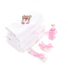 Trusou botez brodat cu ursulet, roz, 7 piese, prosop bebe, prosop preot, fata, sapun, panza mir, paturica, sticluta mir, Recostore, REC1864