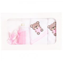 Trusou botez brodat cu ursulet, roz, 7 piese, prosop bebe, prosop preot, fata, sapun, panza mir, paturica, sticluta mir, Recostore, REC1864