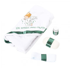 Trusou botez cu ingeras, alb-verde, mesaj �De azi sunt crestin� imprimat, 6 piese, Recostore, REC1728