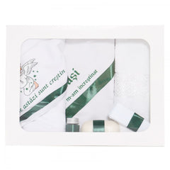 Trusou botez cu ingeras, alb-verde, mesaj �De azi sunt crestin� imprimat, 6 piese, Recostore, REC1728