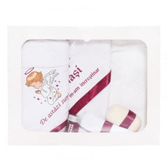 Trusou botez cu ingeras, alb-visiniu, mesaj �De azi sunt crestin� imprimat, 6 piese, Recostore, REC1730