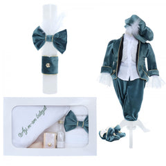 Trusou botez Verde Smarald, "Azi m-am crestinat", Costum de Print, lumanare, trusou, catifea, 13 piese, Recostore, REC2295