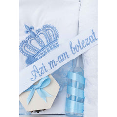 Trusou brodat cu coroana de print pentru botez de baieti, 7 piese, bleu, Recostore, REC2235