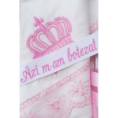 Trusou brodat cu coroana pentru botez de fete, 7 piese, roz, Recostore, REC2237