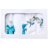 Trusou brodat cu unicorn pentru botez de fete, 7 piese, turcoaz, Recostore, REC2197