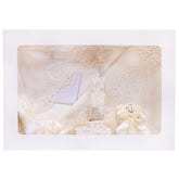 Trusou complet pentru botez, alb-ivoire, compus din prosop bebe, prosop preot, pled, panza mir, sapun, batista, fasa, sticluta mir, cutiuta prima suvita si jucarie de plus, 10 piese, REC1336