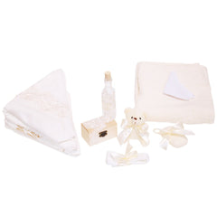 Trusou complet pentru botez, alb-ivoire, compus din prosop bebe, prosop preot, pled, panza mir, sapun, batista, fasa, sticluta mir, cutiuta prima suvita si jucarie de plus, 10 piese, REC1336