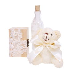 Trusou complet pentru botez, alb-ivoire, compus din prosop bebe, prosop preot, pled, panza mir, sapun, batista, fasa, sticluta mir, cutiuta prima suvita si jucarie de plus, 10 piese, REC1336