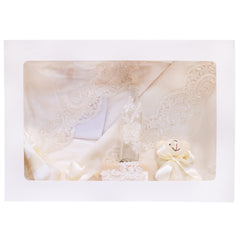 Trusou complet pentru botez, alb-ivoire, compus din prosop bebe, prosop preot, pled, panza mir, sapun, batista, fasa, sticluta mir, cutiuta prima suvita si jucarie de plus, 10 piese, REC1336