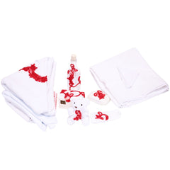 Trusou complet pentru botez, alb-rosu, compus din prosop bebe, prosop preot, pled, panza mir, sapun, batista, fasa, sticluta mir, cutiuta prima suvita si jucarie de plus, 10 piese, REC1337