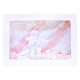 Trusou complet pentru botez, alb-roz, compus din prosop bebe, prosop preot, pled, panza mir, sapun, batista, fasa, sticluta mir, cutiuta prima suvita si jucarie de plus, 10 piese, REC1334