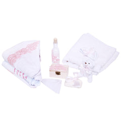Trusou complet pentru botez, alb-roz, compus din prosop bebe, prosop preot, pled, panza mir, sapun, batista, fasa, sticluta mir, cutiuta prima suvita si jucarie de plus, 10 piese, REC1334