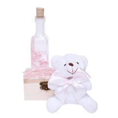 Trusou complet pentru botez, alb-roz, compus din prosop bebe, prosop preot, pled, panza mir, sapun, batista, fasa, sticluta mir, cutiuta prima suvita si jucarie de plus, 10 piese, REC1334