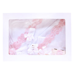 Trusou complet pentru botez, alb-roz, compus din prosop bebe, prosop preot, pled, panza mir, sapun, batista, fasa, sticluta mir, cutiuta prima suvita si jucarie de plus, 10 piese, REC1334