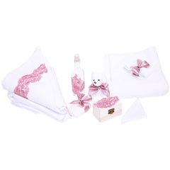 Trusou complet pentru botez, alb-roz pudrat, compus din prosop bebe, prosop preot, pled, panza mir, sapun, batista, fasa, sticluta mir, cutiuta prima suvita si jucarie de plus, 10 piese, REC1333
