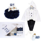 Trusou complet pentru botez baieti, costum alb, trusou cu drag de la nasi, lumanare cu ursuleti de plus si pantofiori, alb-bleumarin, 14 piese, Recostore, REC2125