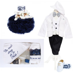 Trusou complet pentru botez baieti, costum alb, trusou cu drag de la nasi, lumanare cu ursuleti de plus si pantofiori, alb-bleumarin, 14 piese, Recostore, REC2125