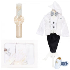 Trusou complet pentru botez baieti, costum alb, trusou cu ingeras, lumanare cu ingeras si pantofiori, alb-crem, 13 piese, Recostore, REC2124