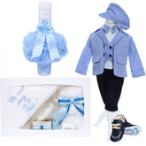 Trusou complet pentru botez baieti, costum bleu, trusou cu drag de la nasi, lumanare cu drag de la nasi si pantofiori, bleu, 14 piese, Recostore, REC2126