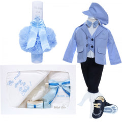 Trusou complet pentru botez baieti, costum bleu, trusou cu drag de la nasi, lumanare cu drag de la nasi si pantofiori, bleu, 14 piese, Recostore, REC2126