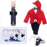 Trusou complet pentru botez baieti, costum rosu, trusou brodat "Bebe Boss", lumanare cu "Bebe Boss" si pantofiori, bleumarin-rosu, 14 piese, Recostore, REC2132