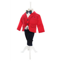 Trusou complet pentru botez baieti, costum rosu, trusou brodat "Bebe Boss", lumanare cu "Bebe Boss" si pantofiori, bleumarin-rosu, 14 piese, Recostore, REC2132
