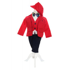 Trusou complet pentru botez baieti, costum rosu, trusou brodat "Bebe Boss", lumanare cu "Bebe Boss" si pantofiori, bleumarin-rosu, 14 piese, Recostore, REC2132