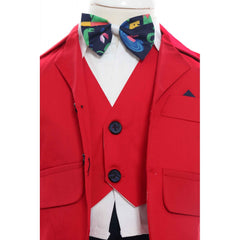 Trusou complet pentru botez baieti, costum rosu, trusou brodat "Bebe Boss", lumanare cu "Bebe Boss" si pantofiori, bleumarin-rosu, 14 piese, Recostore, REC2132