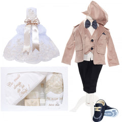 Trusou complet pentru botez baieti, sacou din catifea, trusou brodat cu drag de la nasi, lumanare cu drag de la nasi si pantofiori, crem, 14 piese, Recostore, REC2118