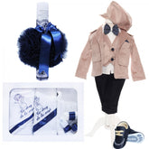 Trusou complet pentru botez baieti, sacou din catifea, trusou brodat cu drag de la nasi, lumanare cu "Radacini si aripi", pantofiori, crem, 13 piese, Recostore, REC2119