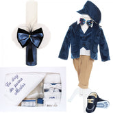 Trusou complet pentru botez baieti, sacou din catifea, trusou brodat cu drag de la nasi, lumanare si pantofiori, bleumarin, 14 piese, Recostore, REC2114