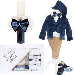 Trusou complet pentru botez baieti, sacou din catifea, trusou brodat cu drag de la nasi, lumanare si pantofiori, bleumarin, 14 piese, Recostore, REC2114
