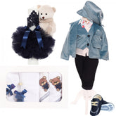 Trusou complet pentru botez baieti, sacou din catifea, trusou brodat cu ursulet, lumanare cu ursulet de plus si pantofiori, bleu-bleumarin, 14 piese, Recostore, REC2120
