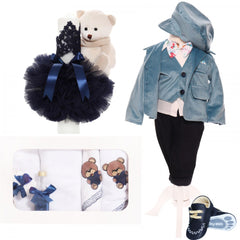 Trusou complet pentru botez baieti, sacou din catifea, trusou brodat cu ursulet, lumanare cu ursulet de plus si pantofiori, bleu-bleumarin, 14 piese, Recostore, REC2120