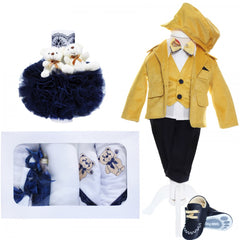 Trusou complet pentru botez baieti, sacou din catifea, trusou brodat cu ursulet, lumanare cu ursuleti si pantofiori, bleumarin-galben, 14 piese, Recostore, REC2116