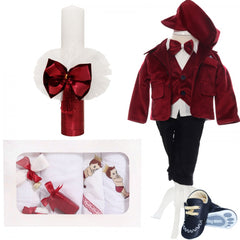 Trusou complet pentru botez baieti, sacou din catifea, trusou, lumanare si pantofiori, visiniu, 14 piese, Recostore, REC2112