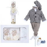 Trusou complet pentru botez de baieti, costum crem, lumanare cu coroana, trusou brodat cu coroana si pantofiori, 13 piese, Recostore, REC2301