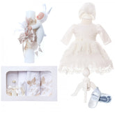 Trusou complet pentru botez de fete, rochita ivoire cu trena, lumanare cu bebelus, trusou brodat cu fluturi si pantofiori, 11 piese, Recostore, REC2305