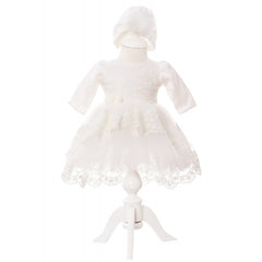 Trusou complet pentru botez de fete, rochita ivoire cu trena, lumanare cu bebelus, trusou brodat cu fluturi si pantofiori, 11 piese, Recostore, REC2305