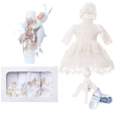 Trusou complet pentru botez de fete, rochita ivoire cu trena, lumanare cu bebelus, trusou brodat cu fluturi si pantofiori, 11 piese, Recostore, REC2305