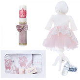 Trusou complet pentru botez de fete, rochita roz cu trena, lumanare cu coroana, trusou brodat cu Coroana si pantofiori, 11 piese, Recostore, REC2303
