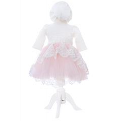 Trusou complet pentru botez de fete, rochita roz cu trena, lumanare cu coroana, trusou brodat cu Coroana si pantofiori, 11 piese, Recostore, REC2303