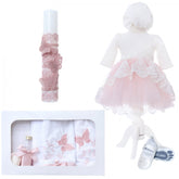 Trusou complet pentru botez de fete, rochita roz cu trena, lumanare cu fluturi, trusou brodat cu fluturi si pantofiori, 11 piese, Recostore, REC2304