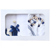 Trusou cu ursulet brodat pentru botez de baieti, 7 piese, bleumarin, Recostore, REC2191