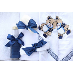 Trusou cu ursulet brodat pentru botez de baieti, 7 piese, bleumarin, Recostore, REC2191