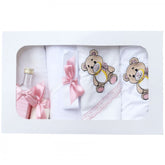 Trusou cu ursulet brodat pentru botez de fete, 7 piese, roz pudrat, Recostore, REC2192