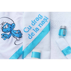 Trusou imprimat cu strumfi pentru botez, 6 piese, turcoaz, Recostore, REC2226