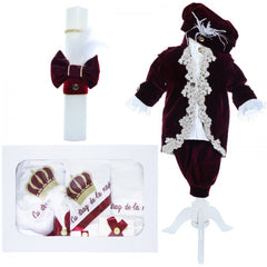 Trusou Micul Printisor pentru botez de baieti, costum visiniu, lumanare cu papion, 12 piese, Recostore, REC2300