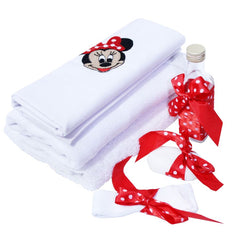 Trusou Minnie alb-rosu, tip landou, 6 piese, sticla mir, sapun, panza mir, fasa, prosop cu capison, prosop preot, REC261