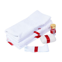 Trusou pentru botez, alb-rosu, cu ingeras brodat, 6 piese, sticla mir, sapun, panza mir, fasa, prosop cu capison, prosop preot, REC272
